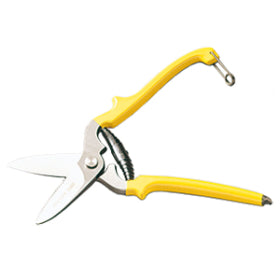 Strong cogged pair of scissors with return spring to cut sheets from 2.0 mm (1/12″) to 4.2 mm (3/16″).